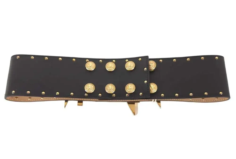 Balmain Statement Logo Lion Head Stud Leather Belt US XS FR 34 Womens Black Gold